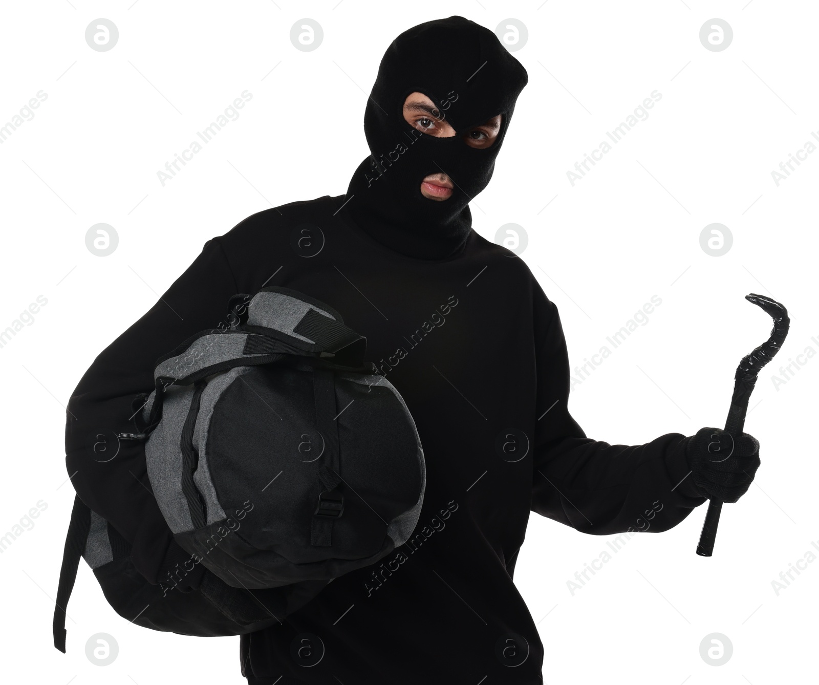 Photo of Thief in balaclava with crowbar and bag on white background