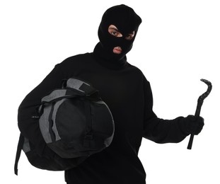 Thief in balaclava with crowbar and bag on white background