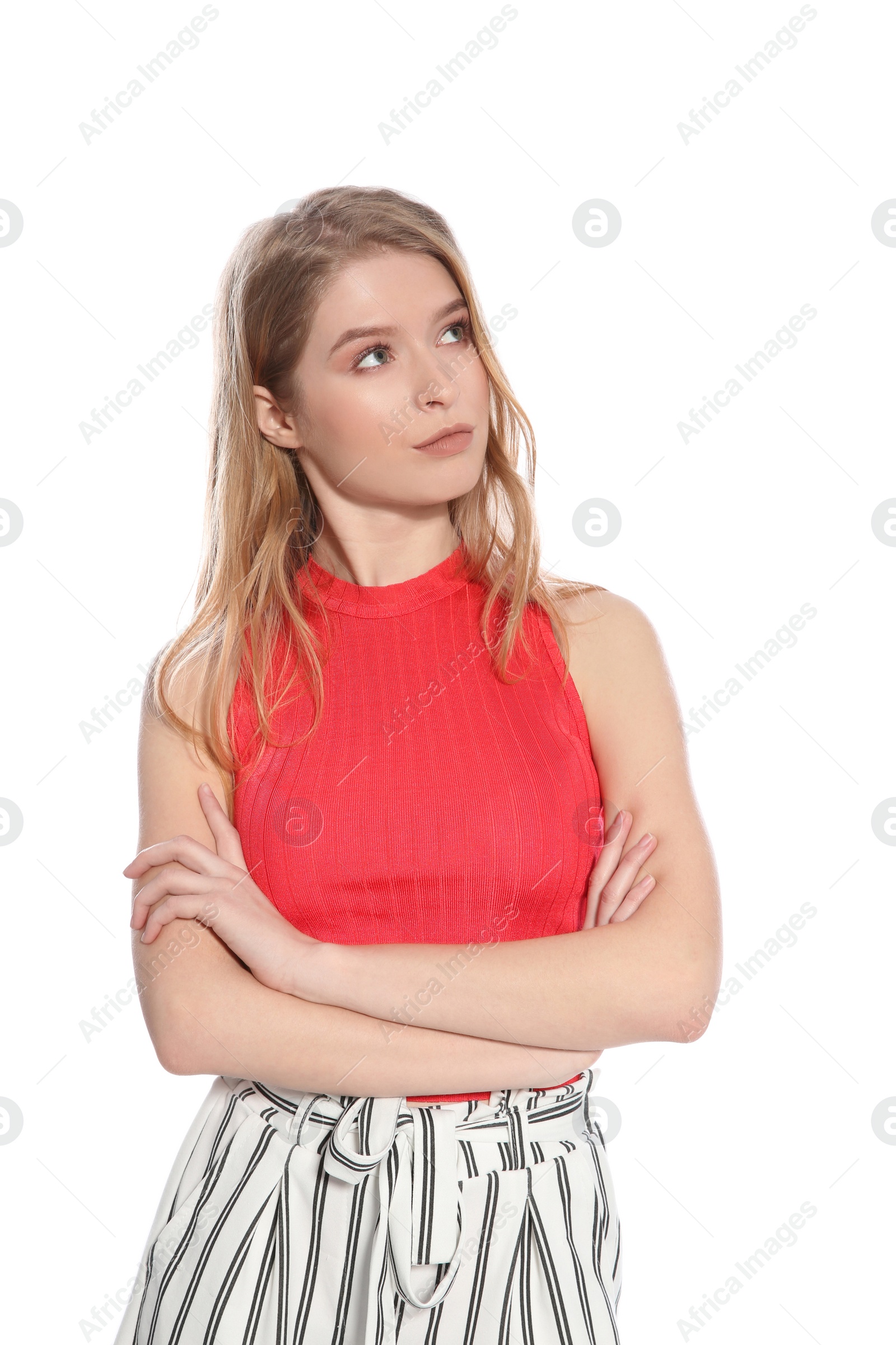 Photo of Portrait of beautiful young woman on white background