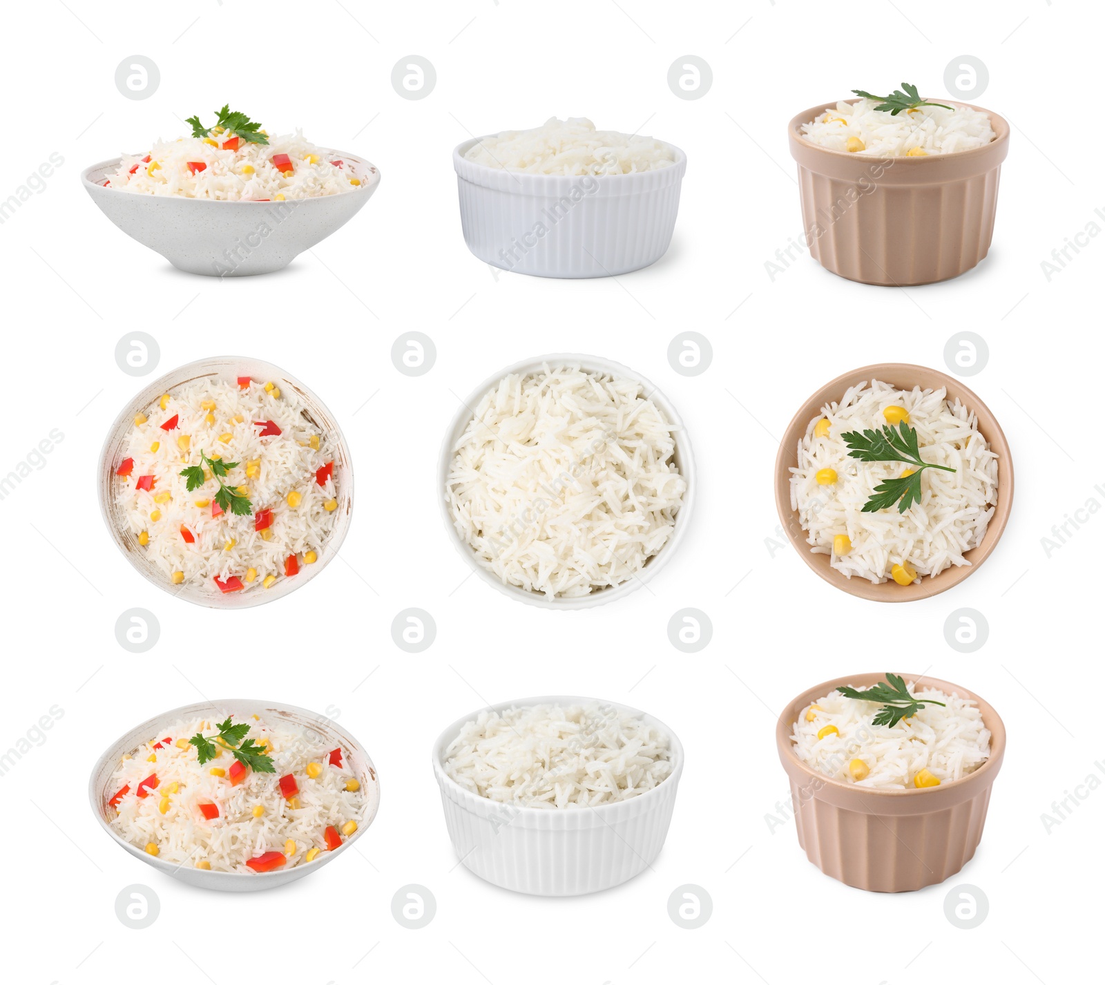 Image of Set with tasty rice in bowls isolated on white, top and side views