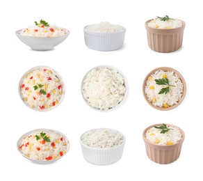 Image of Set with tasty rice in bowls isolated on white, top and side views