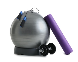 Photo of Set of fitness equipment on white background