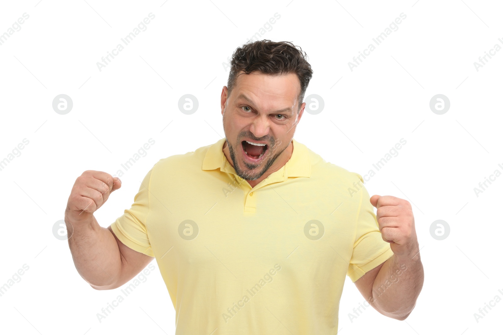 Photo of Portrait of emotional man on white background