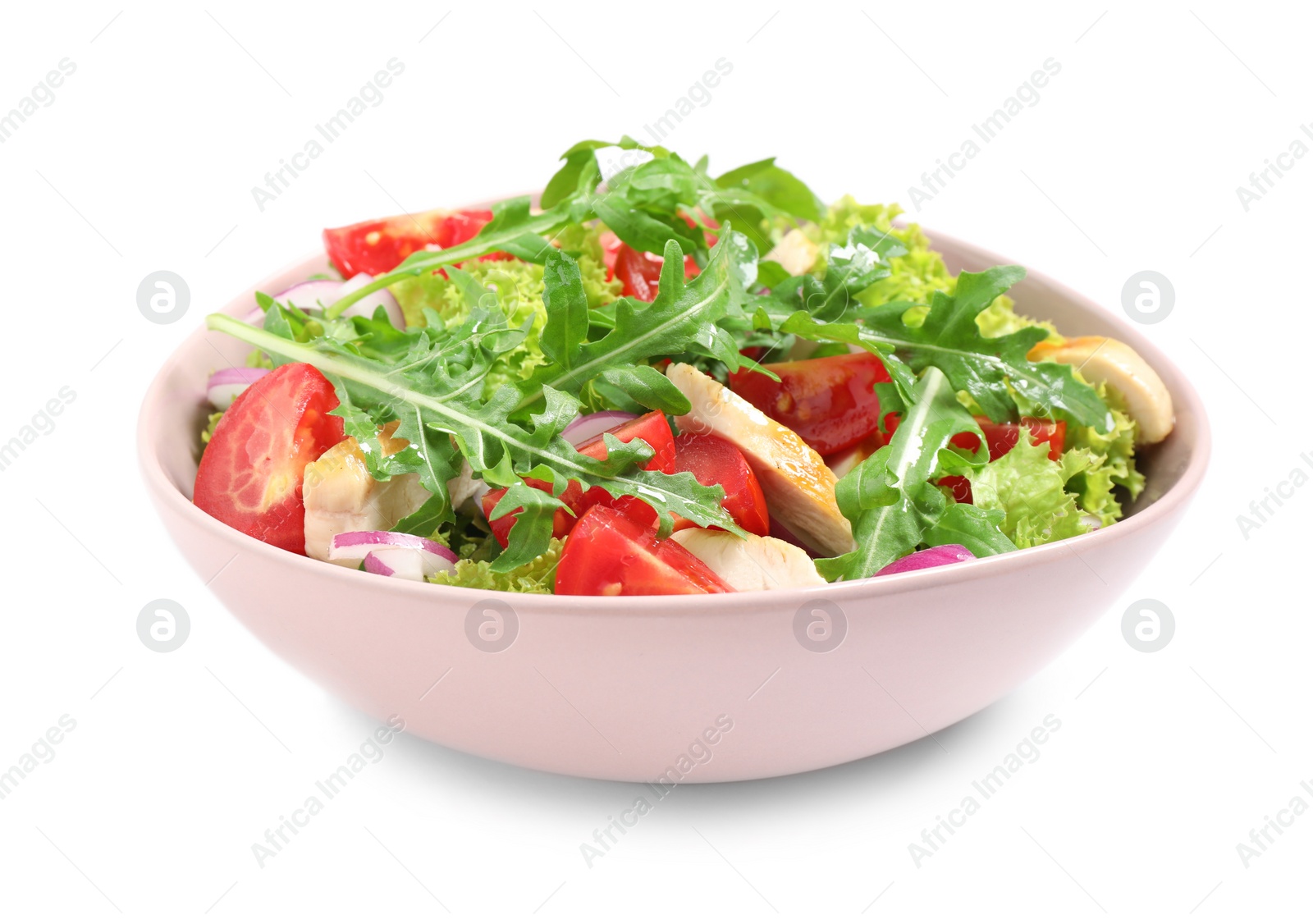 Photo of Delicious salad with chicken, arugula and tomatoes in bowl isolated on white