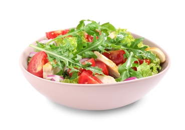 Delicious salad with chicken, arugula and tomatoes in bowl isolated on white