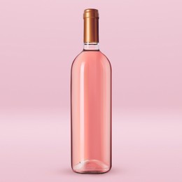 Image of Bottle of expensive rose wine on light pink background