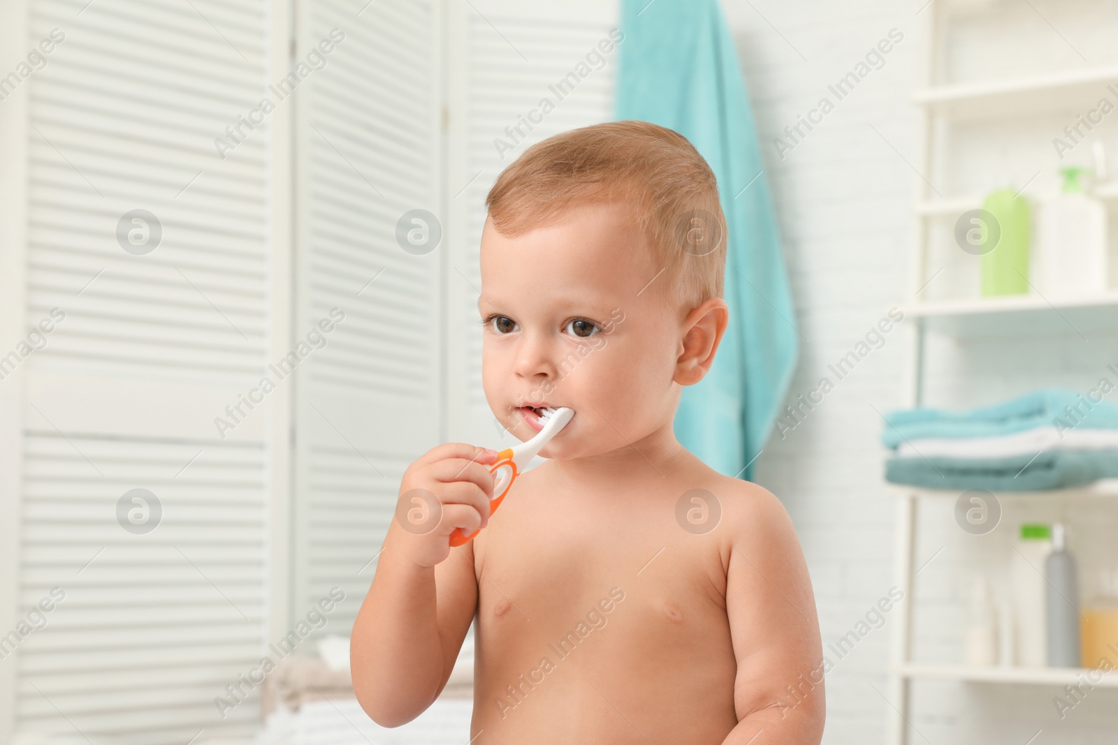 Photo of Cute little boy with toothbrush on blurred background