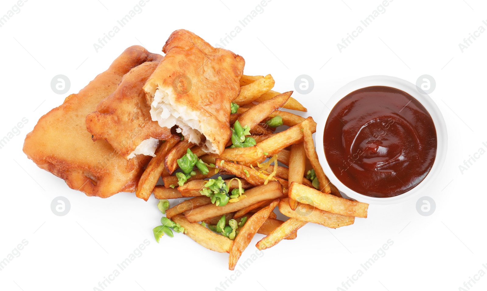 Photo of Tasty fish, chips, sauce and peas isolated on white, top view