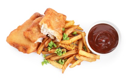 Photo of Tasty fish, chips, sauce and peas isolated on white, top view