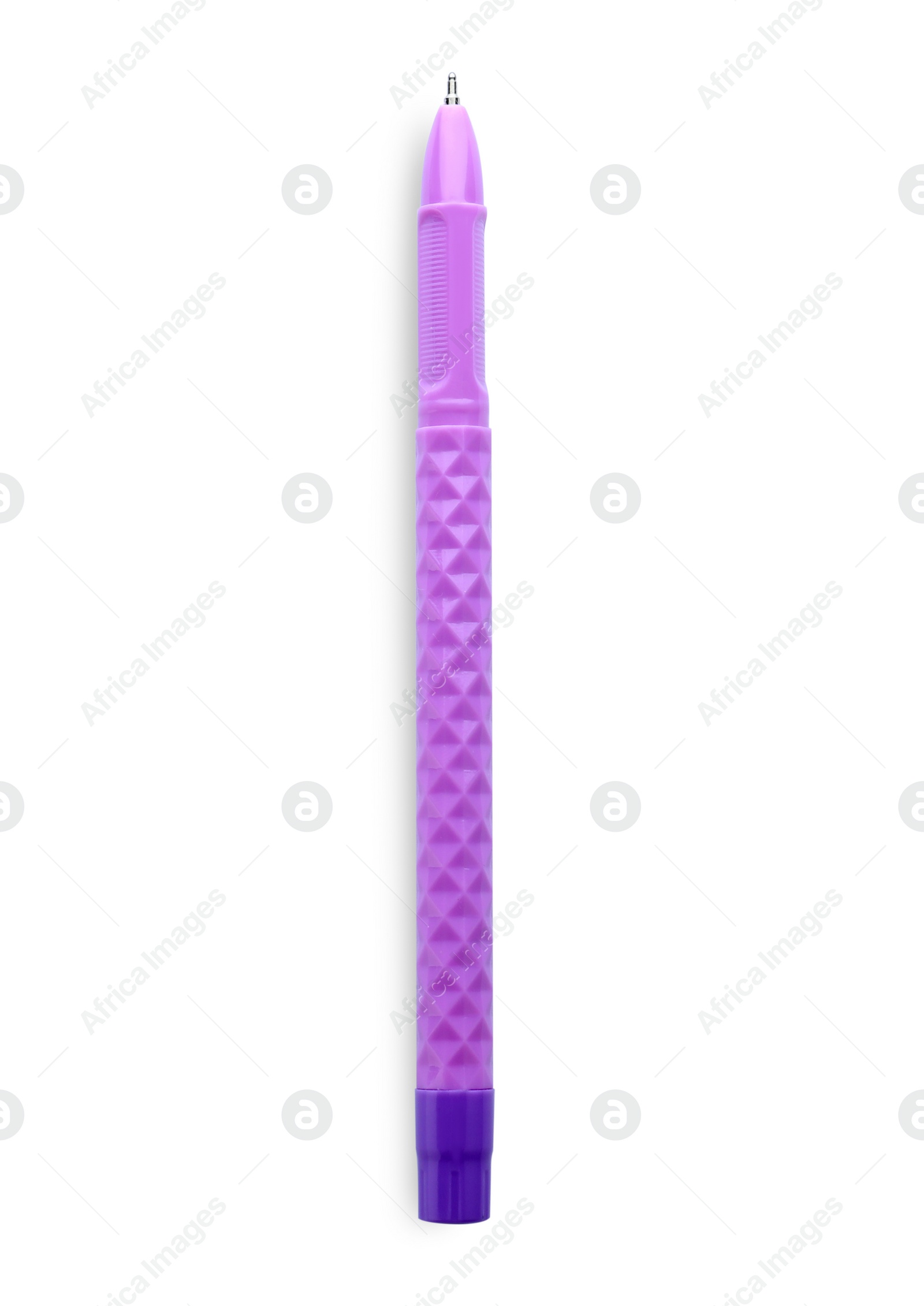 Photo of New ballpoint pen isolated on white, top view. School stationery