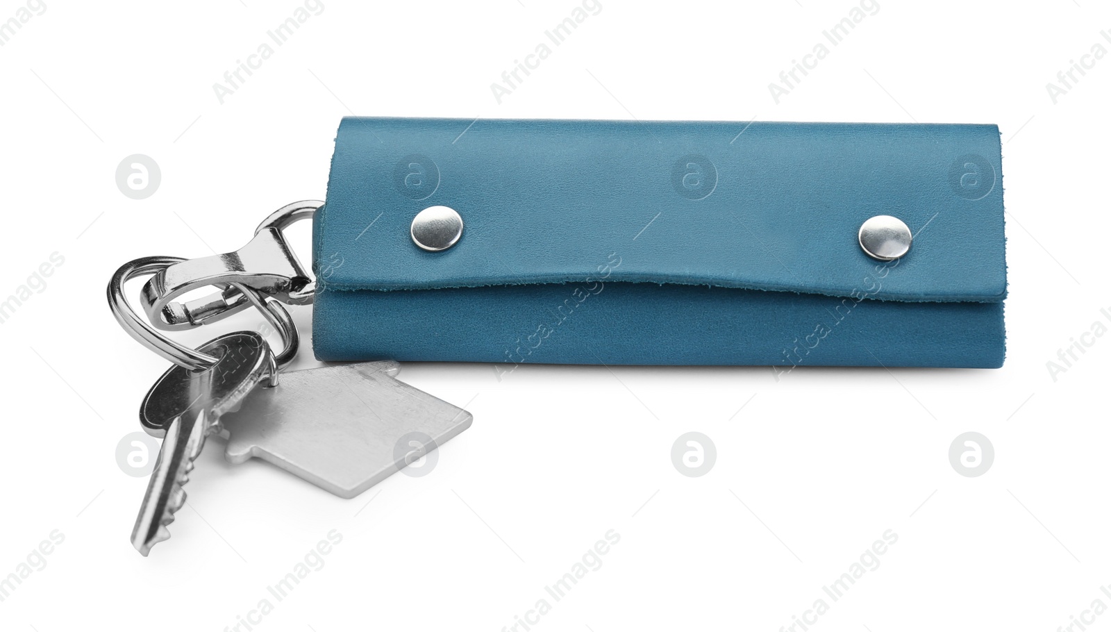 Photo of Leather case with key isolated on white