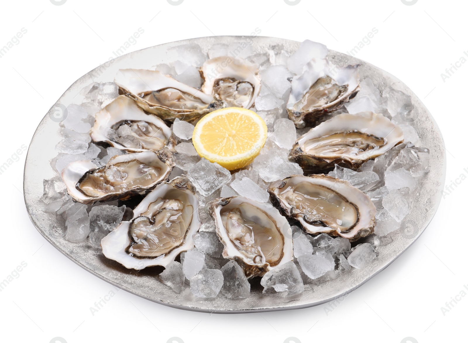 Photo of Fresh raw oysters served on white background