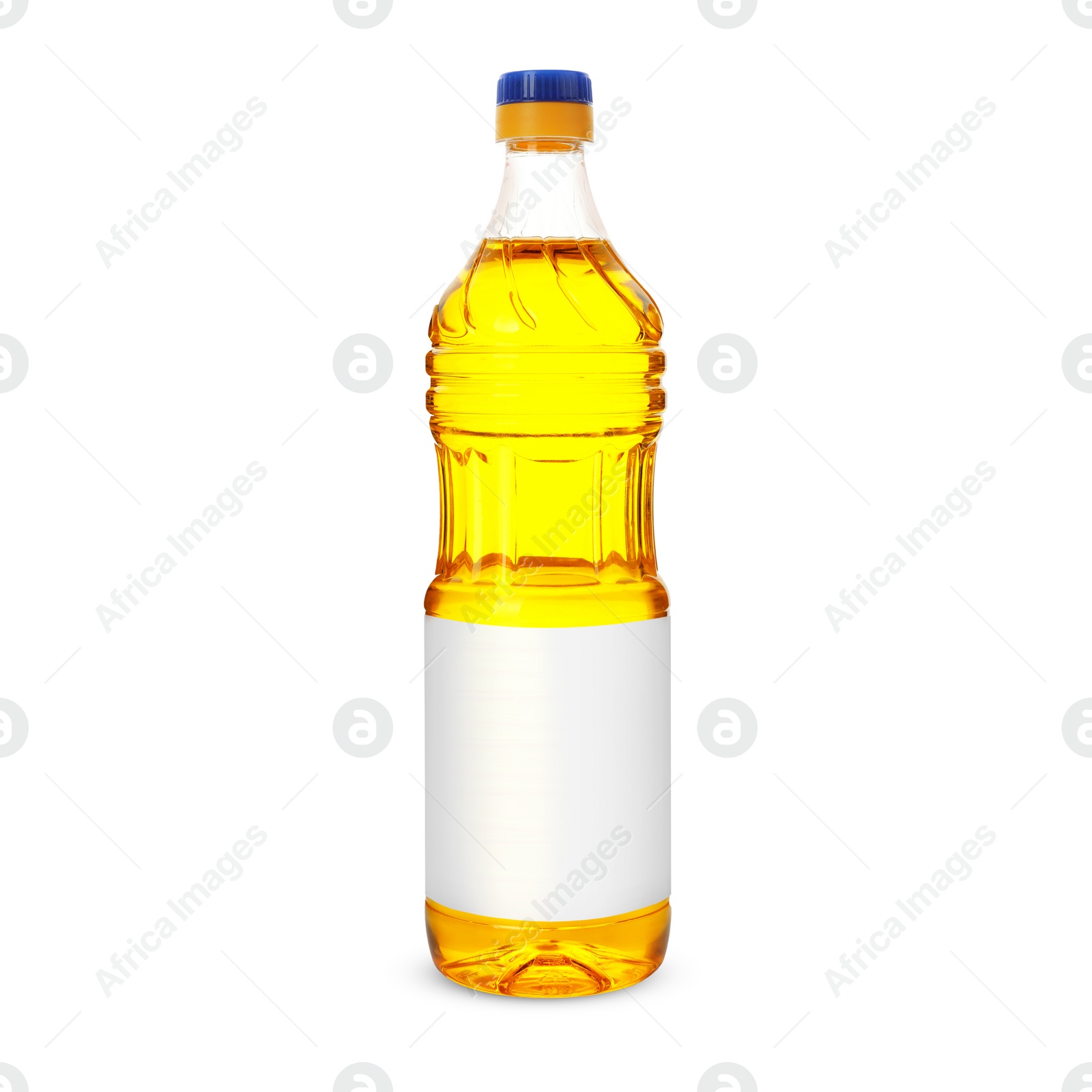 Image of Cooking oil in plastic bottle with empty label isolated on white. Mockup for design