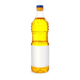 Image of Cooking oil in plastic bottle with empty label isolated on white. Mockup for design