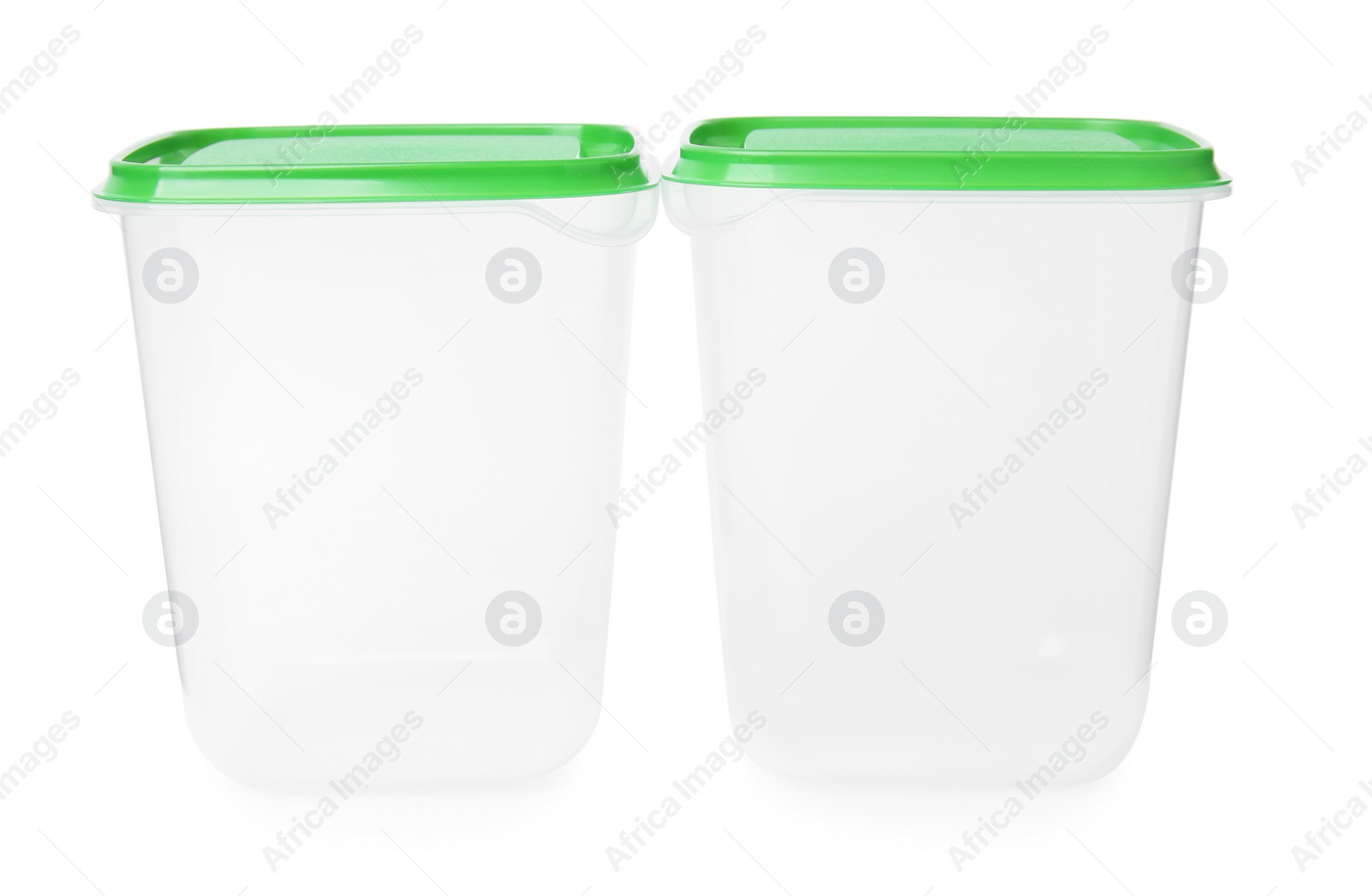 Photo of Empty plastic containers on white background. Food storage