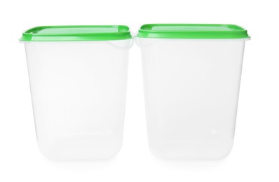 Photo of Empty plastic containers on white background. Food storage