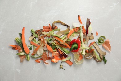 Photo of Peels of fresh vegetables on light grey marble table, flat lay