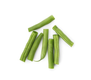 Fresh green beans on white background, top view