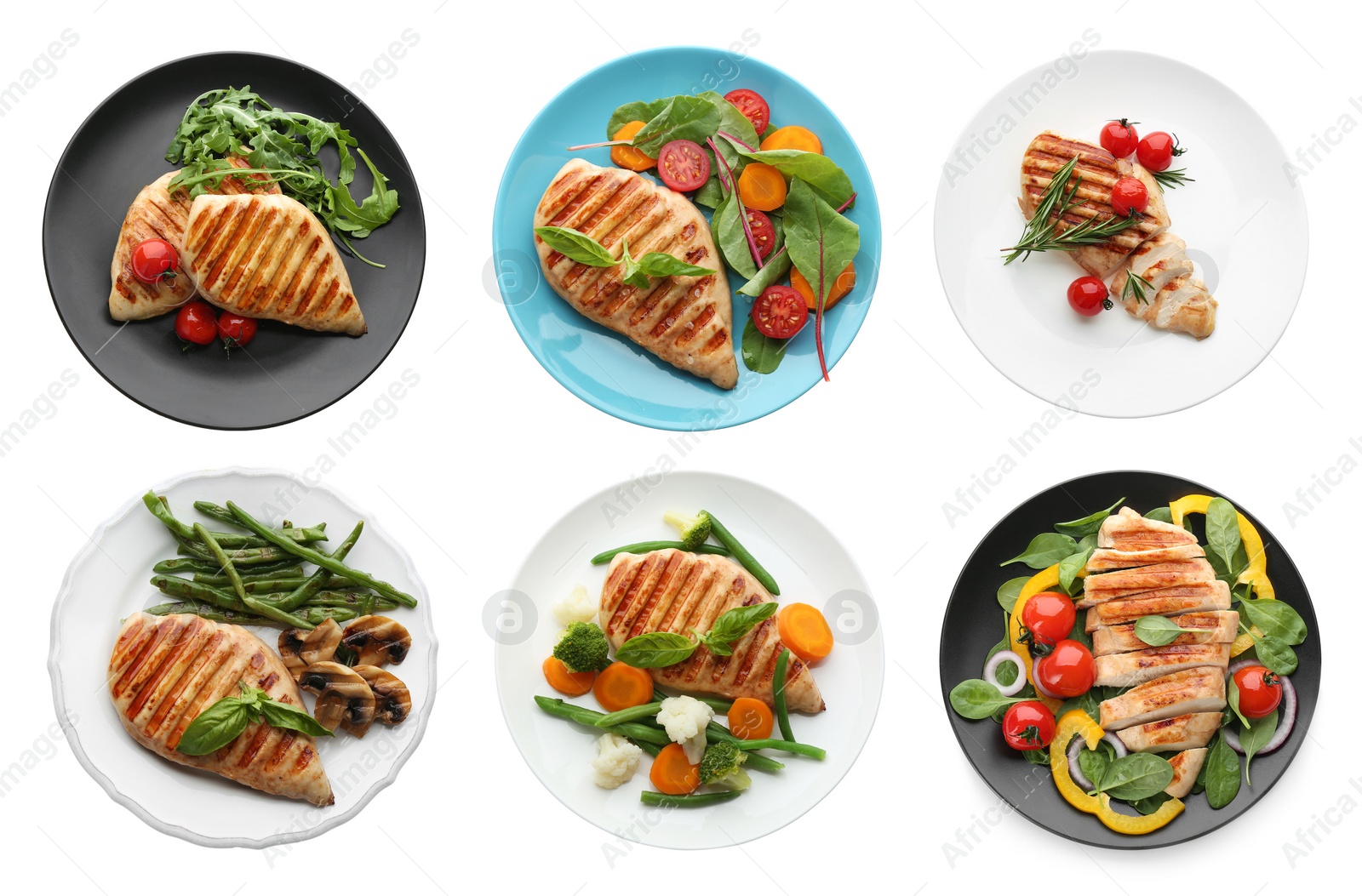 Image of Set of grilled chicken breasts on white background, top view