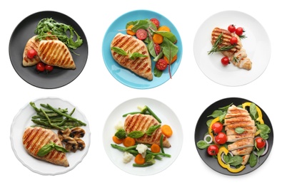 Image of Set of grilled chicken breasts on white background, top view