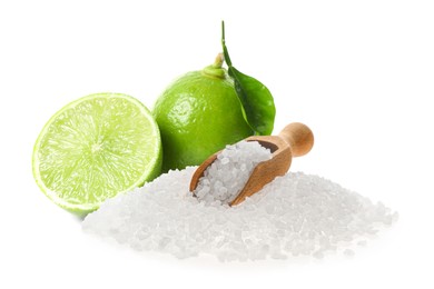 Image of Limes and salt isolated on white. Margarita cocktail ingredients