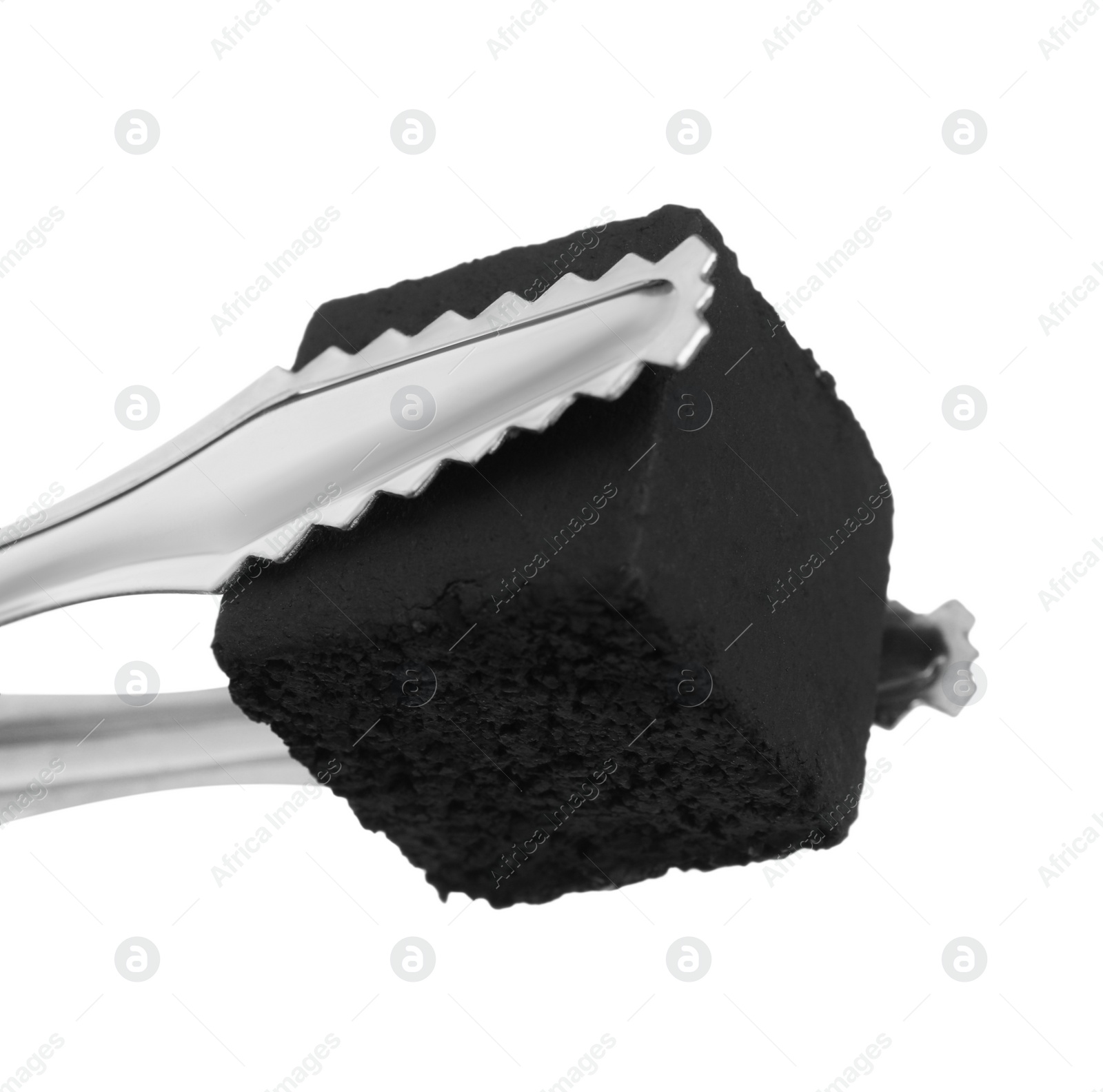 Photo of Tongs with charcoal cube for hookah on white background