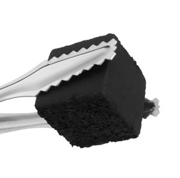 Photo of Tongs with charcoal cube for hookah on white background