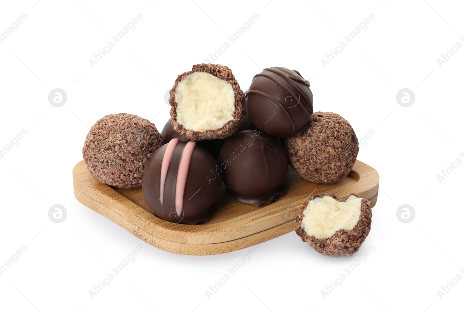 Photo of Many different delicious chocolate truffles on white background