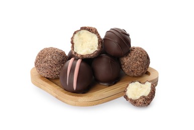 Many different delicious chocolate truffles on white background