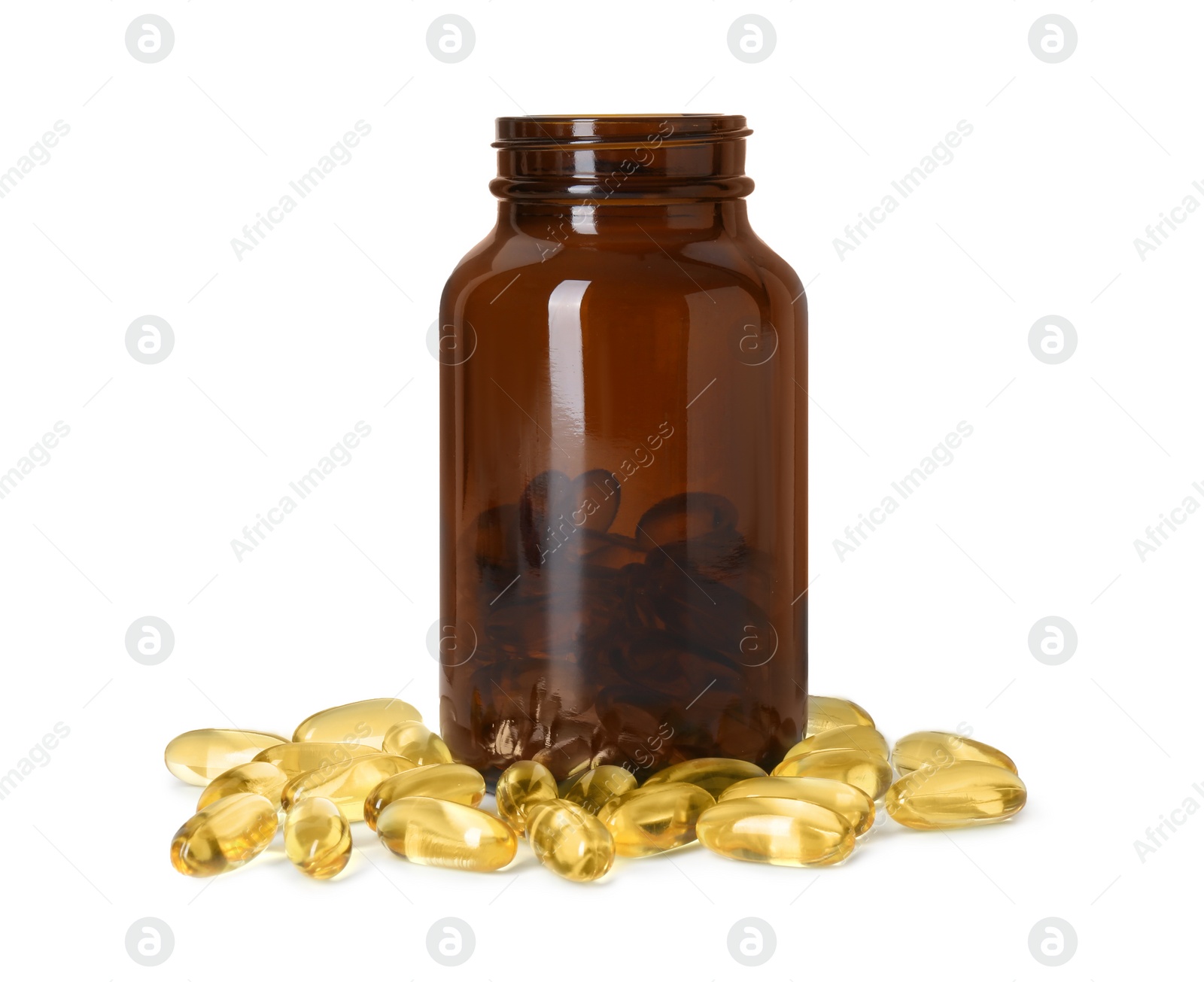 Photo of Bottle and pile of softgel capsules isolated on white