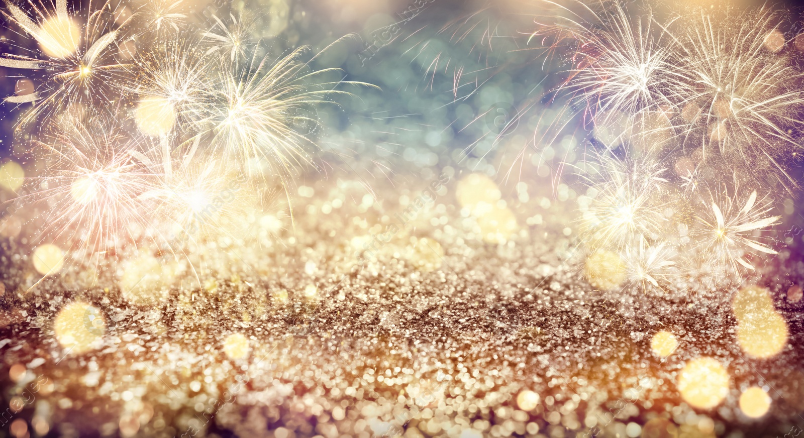 Image of Abstract festive background with fireworks, bokeh effect. New Year celebration