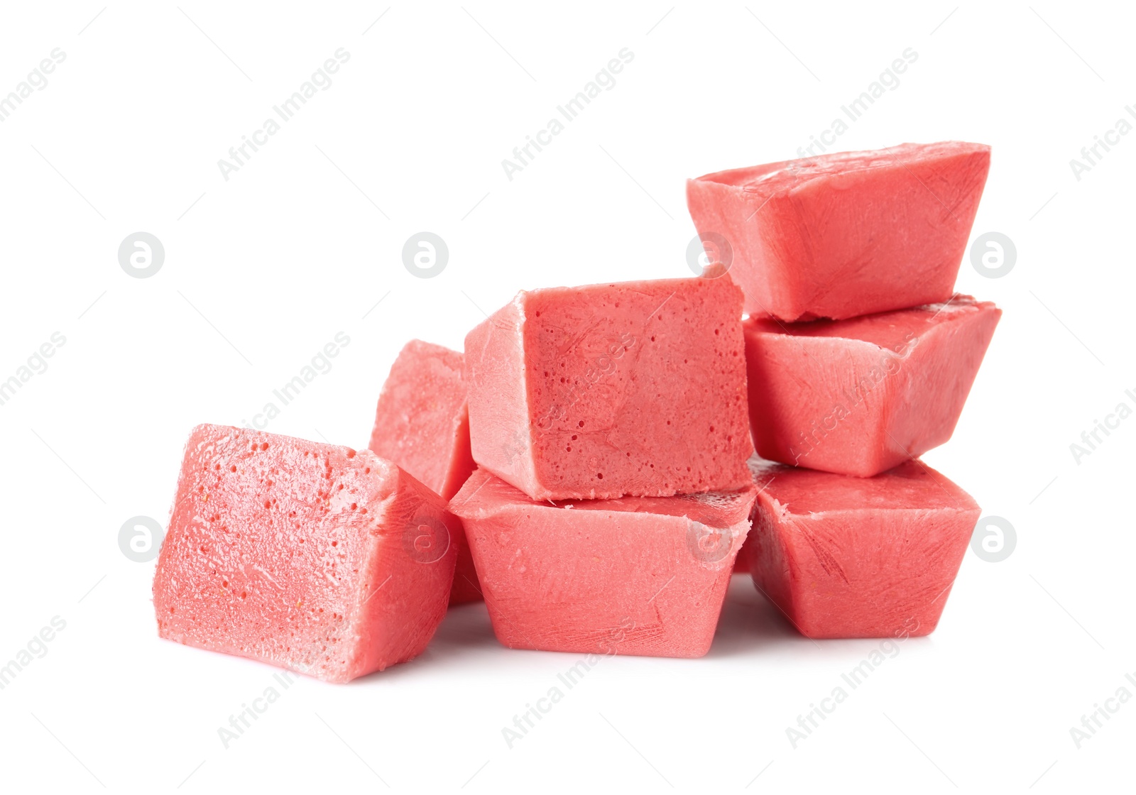 Photo of Tasty berry ice cubes on white background