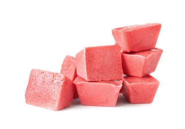 Photo of Tasty berry ice cubes on white background