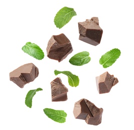 Image of Milk chocolate pieces and mint falling on white background