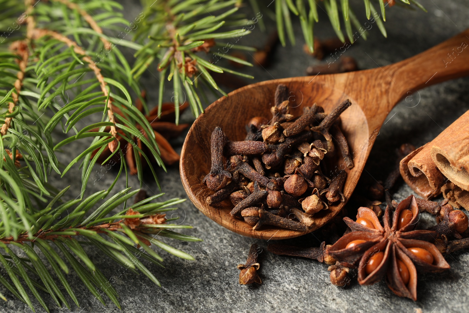 Photo of Wooden spoon with different spices and fir branches on gray table, closeup