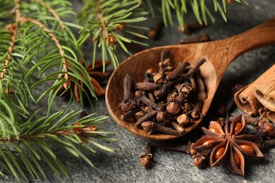 Photo of Wooden spoon with different spices and fir branches on gray table, closeup
