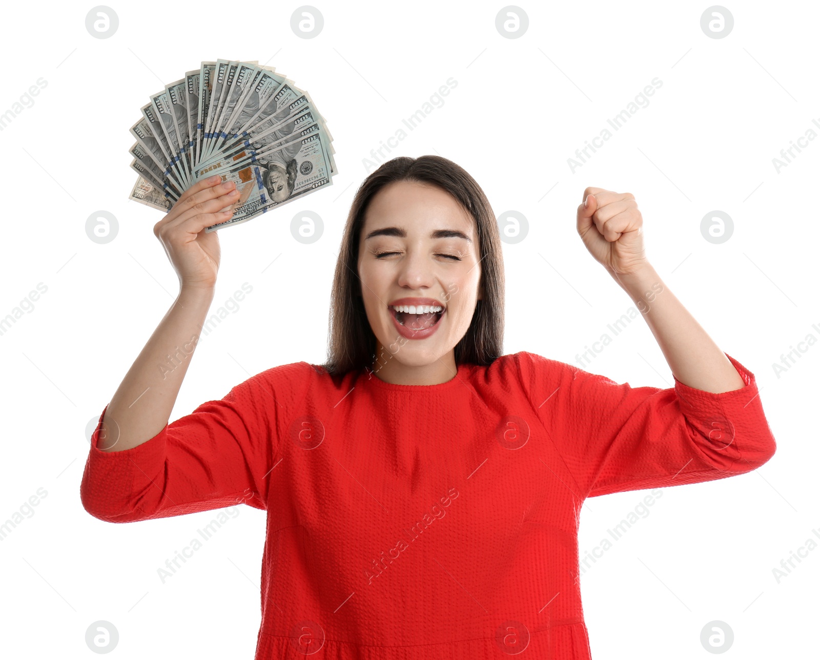 Photo of Emotional young woman with money on white background