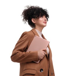 Beautiful happy businesswoman with tablet on white background, low angle view