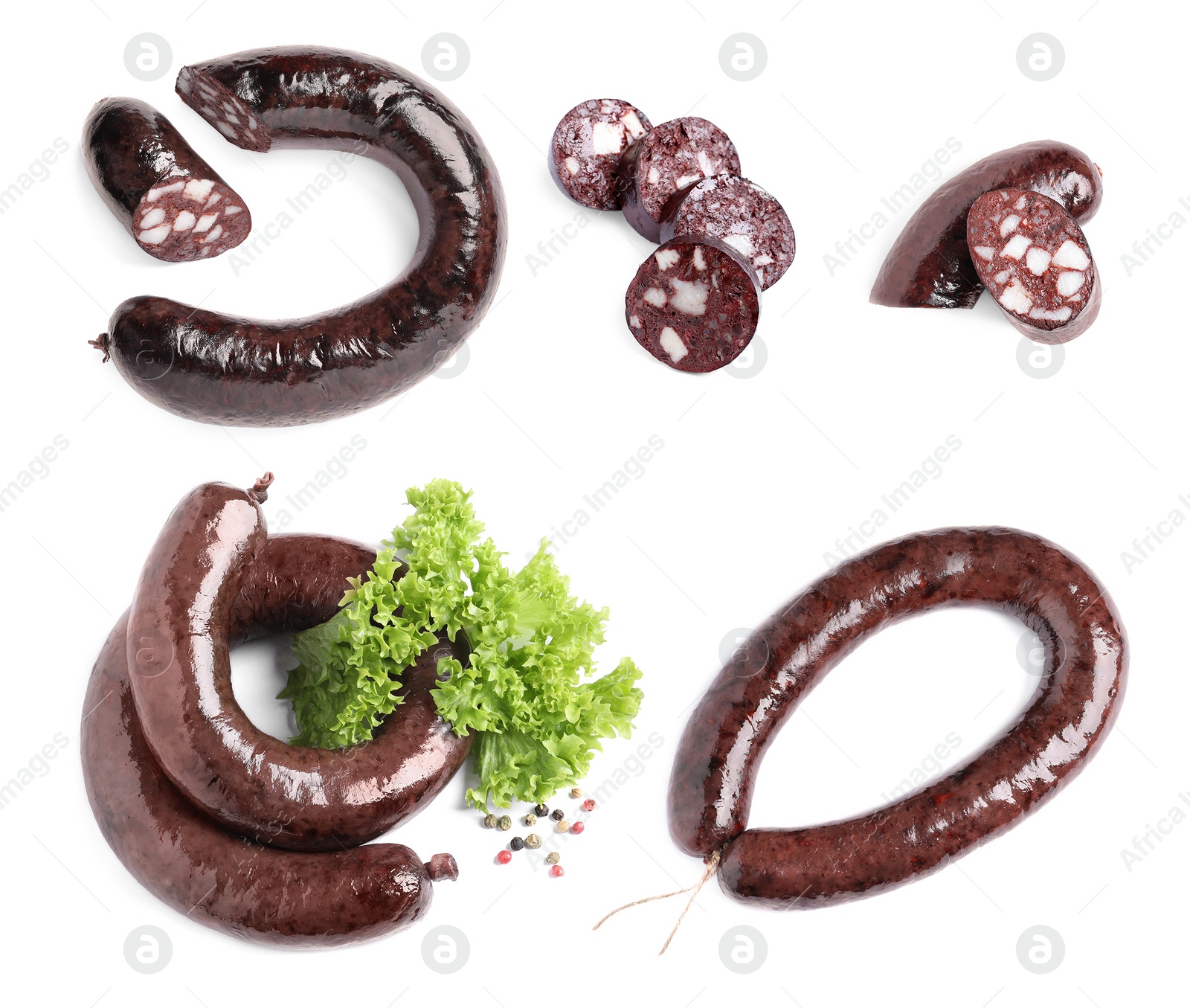 Image of Set with tasty blood sausages on white background 