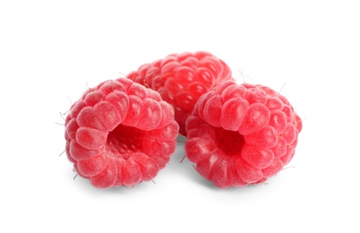 Photo of Delicious ripe sweet raspberries isolated on white