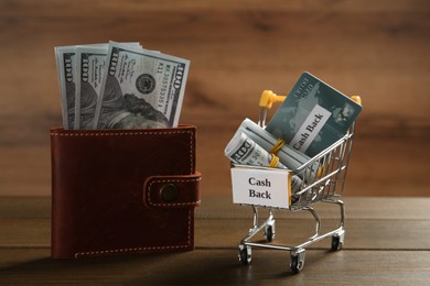 Small shopping cart with credit card, rolled banknotes and sign Cash Back near wallet on wooden table