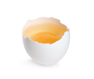 Photo of Broken raw chicken egg isolated on white