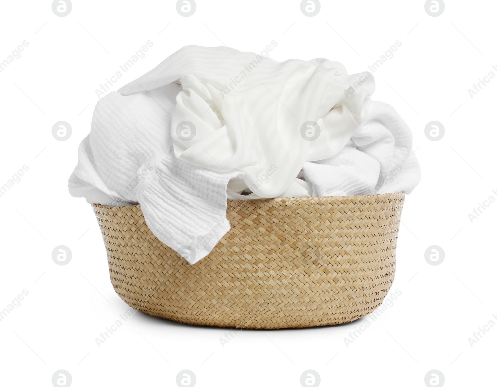 Photo of Laundry basket with clothes isolated on white