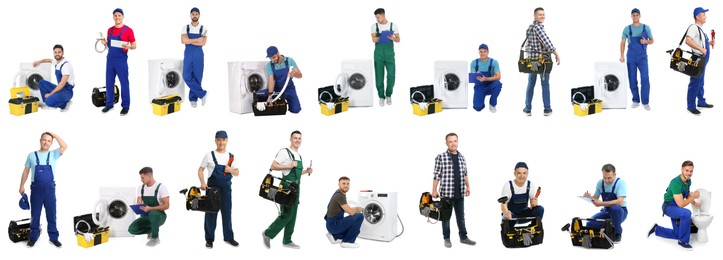 Image of Collage with photos of plumbers on white background. Banner design