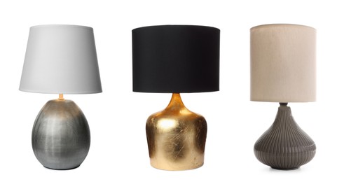 Image of Collage with different stylish night lamps on white background. Banner design