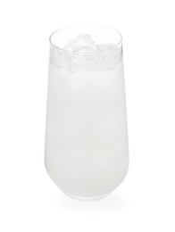 Photo of Glass of coconut water with ice cubes isolated on white