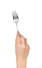 Photo of Woman holding clean fork on white background, closeup