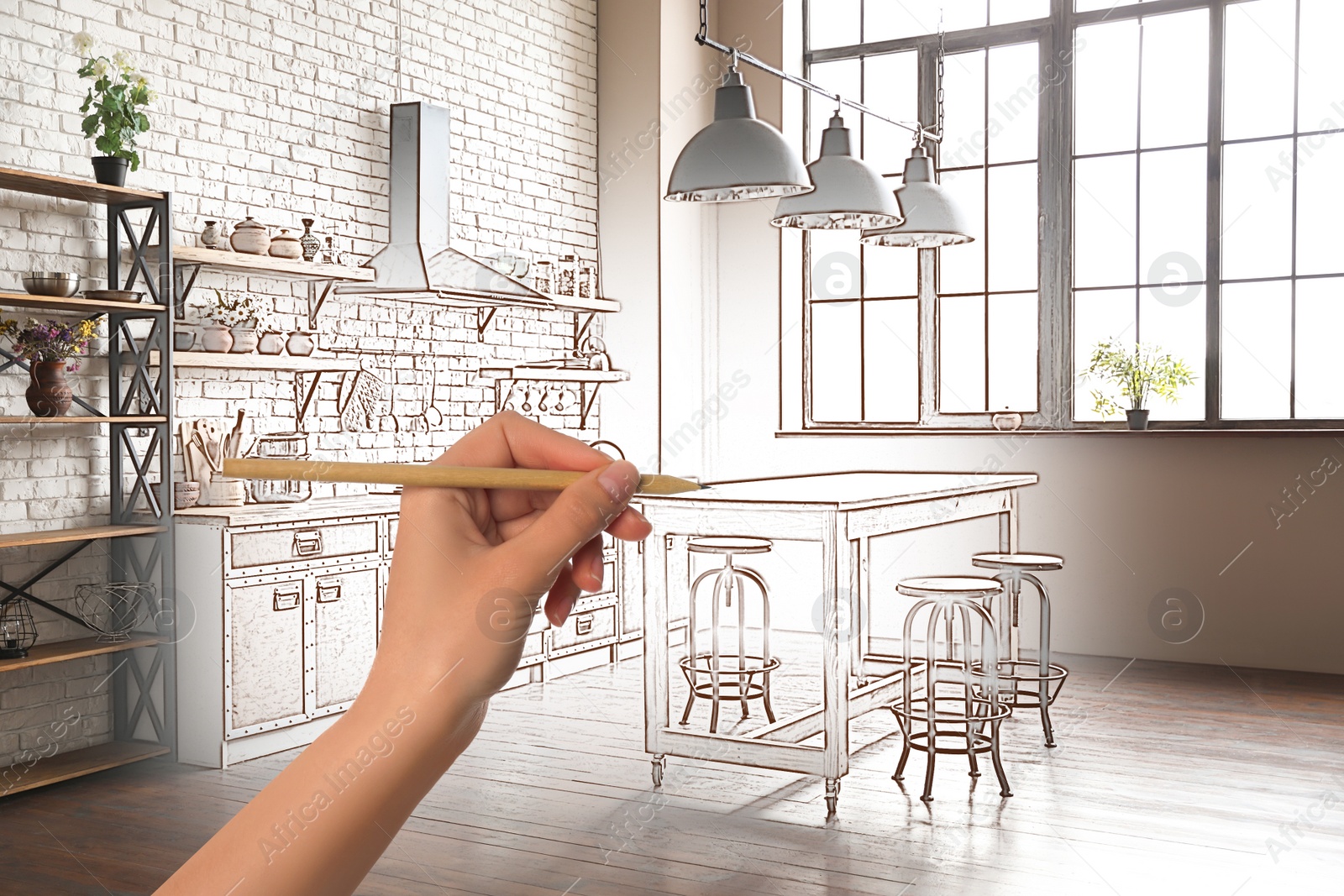 Image of Woman drawing kitchen interior design, closeup. Combination of photo and sketch