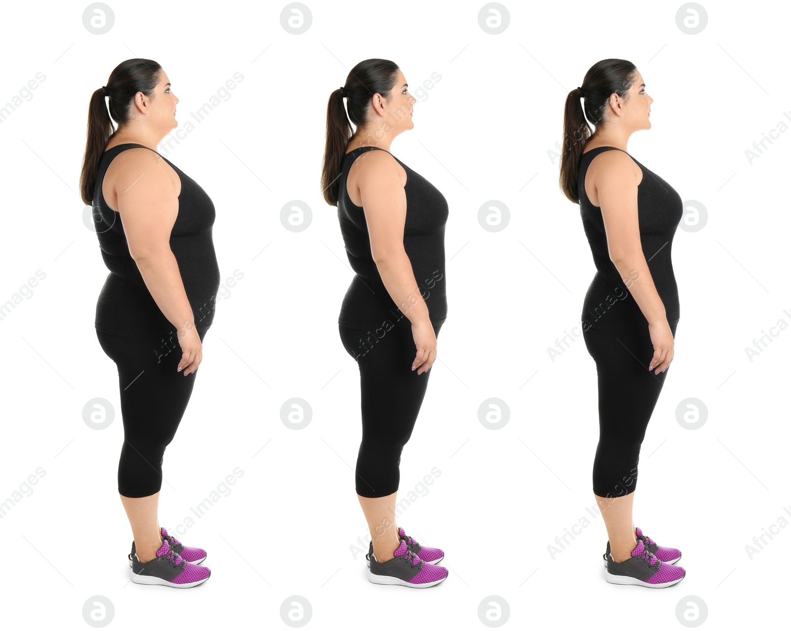 Image of Collage with photos of overweight woman before and after weight loss on white background