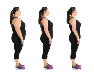 Collage with photos of overweight woman before and after weight loss on white background